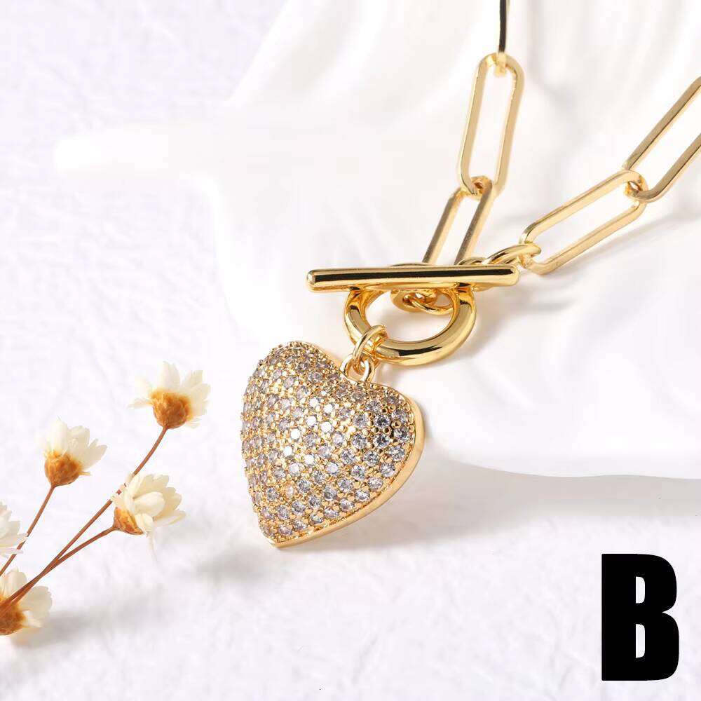 European American Popular Heart-Shaped Cross-Border Necklace Full Zircon Water Drop Sweater Chain Nky26 Jewelry-Gold Brass Cute