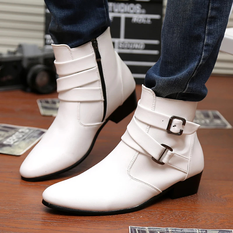 Chelsea Boots Men Pointed -toe Mens White Boots Black British Style High-heel Men Dress Boots n Ankle Boot 250729