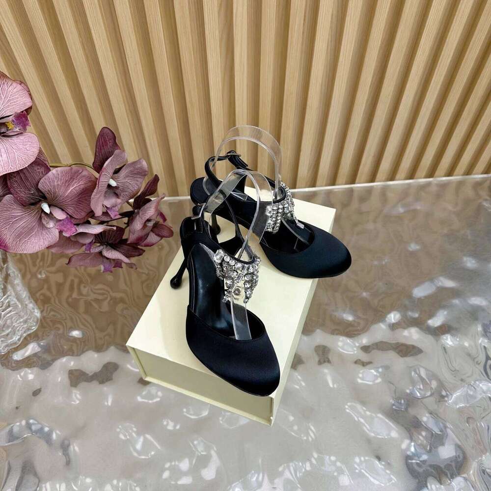 Women Size34-42 Silk Genuine Leather Pumps Slingbacks Crystals Sandals Round Toe Party Designer Shoes Zapatillas De Mujer bbc