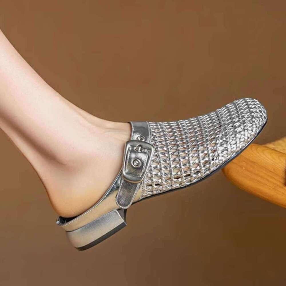 2.5cm High-End Genuine Leather Closed-Toe Mules 2025 New Spring Summer French Style Round-Toe Outdoor Flat Sandals for Women