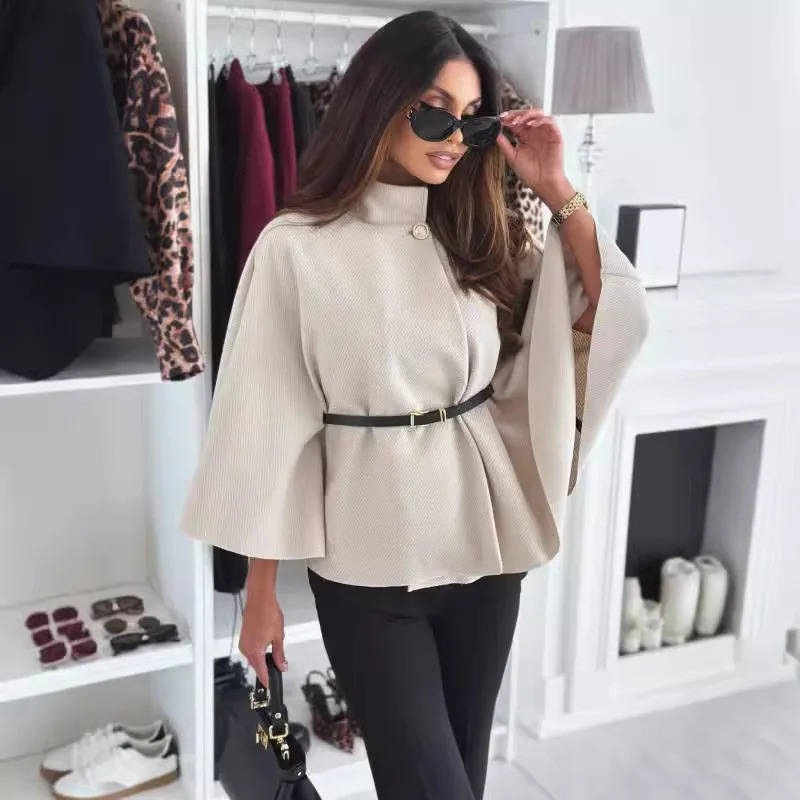 Autumn Winter Women Single Buckle Batwing Sleeve Coat Elegant Lady Cloak Cape Woolen Tweed Poncho Thick Warm Loose Outwear 250731