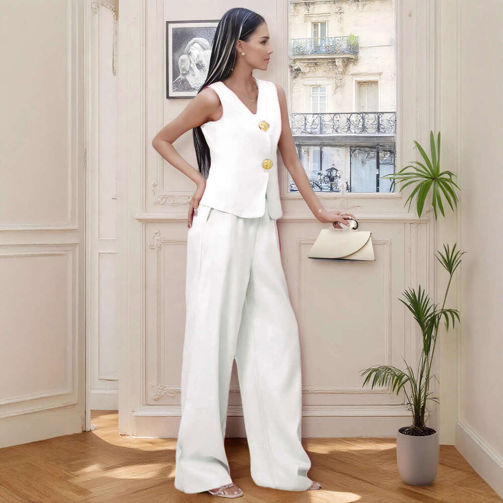 Spring Summer Women's Fashion Button Vest and Long Pants Casual Two-Piece Set for Women