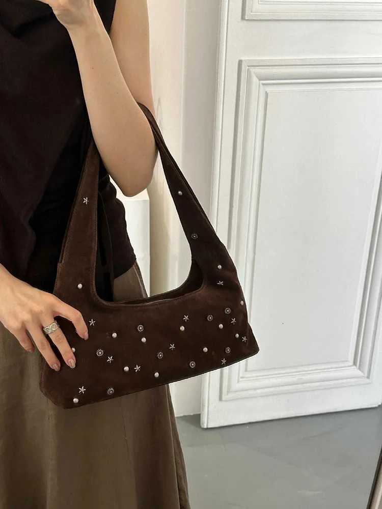 FAshion Stars Beading Handbags Women Autumn New Chic Design Vintage Suede one Shoulder Bags Trend All-maTChed Underarm Bag Y250730