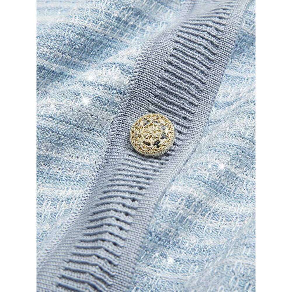 Designer Clothing 2025I BELIEVE YOU Knitted Sweater New Summer Women Blue V-Neck Button French Shiny Sier Stripes Commuting Pullovers