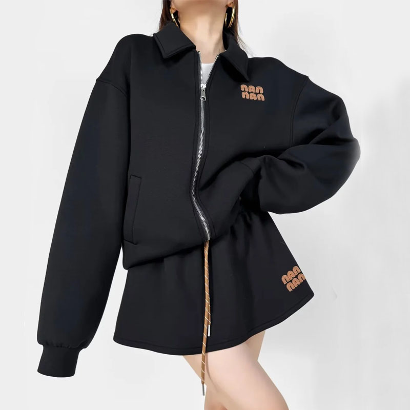 Women's Fashion Style Loose Embroidered Tracksuit Lapel Zip Up Sports Hoodie Jacket Drawstring High-Waist Skirt Set For ladies 2025s Two Piece Dr