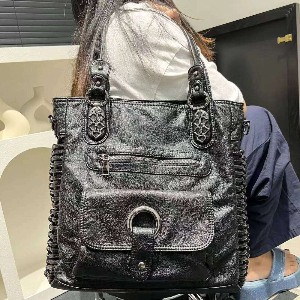 Women's Fashion Y2K Punk Distressed Tote Large Capacity Washed Vegan Leather Shoulder Bag OLOEY