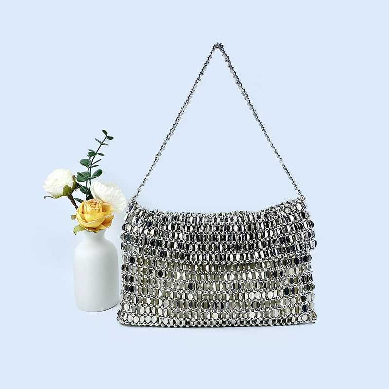 metal sequin siLVer bag for womens 2024 new bag hand woven feel handbag shoulder and underarm bag Y250730