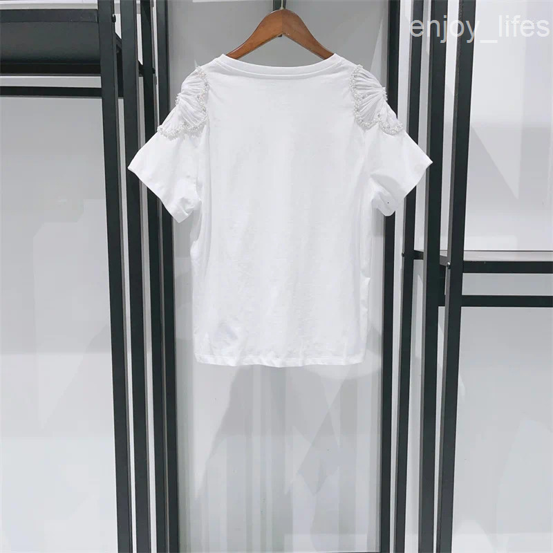 Womens T Shirts Shoulder Beading Flower Decoration T- 2025 Summer Simple Lady Round Neck Short Sleeve Tee