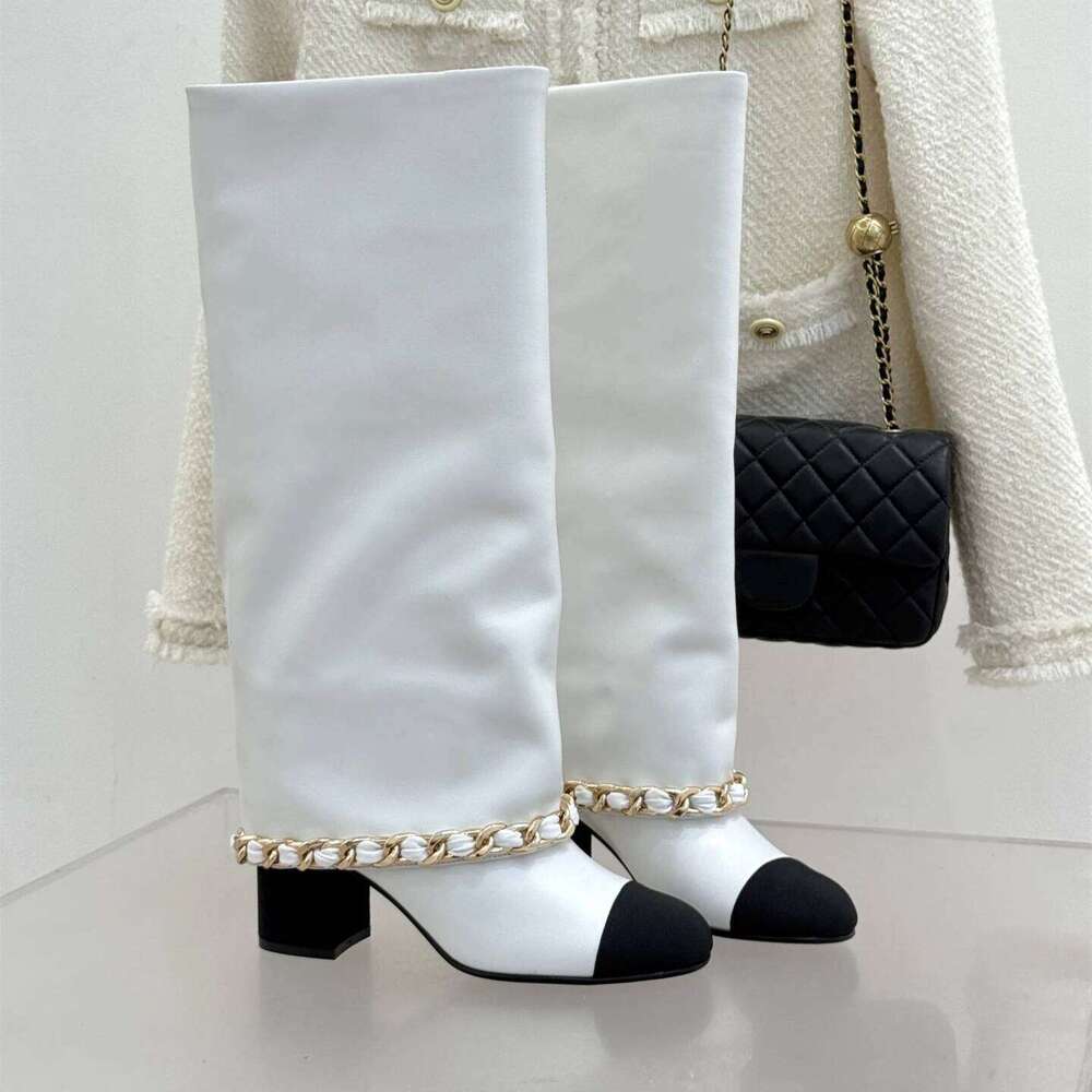 Women Size35-41 Genuine Leather High Heels Chain Knight Boots Round Toe Slip On Designer Shoes Zapatillas De Mujer e7b