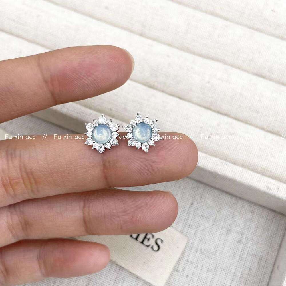 Gentle Lady Natural Jadeite Blue Green Tone High-end Personality Square Round Snowflake Shape Versatile Earrings for Women 7d7