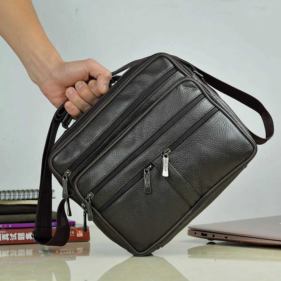 Coffee Men Genuine Leather Shoulder Bag Male Cowhide Leather Handbags Mens Large Zipper Messenger Bag Travel Tablet Bag Tote Y250730