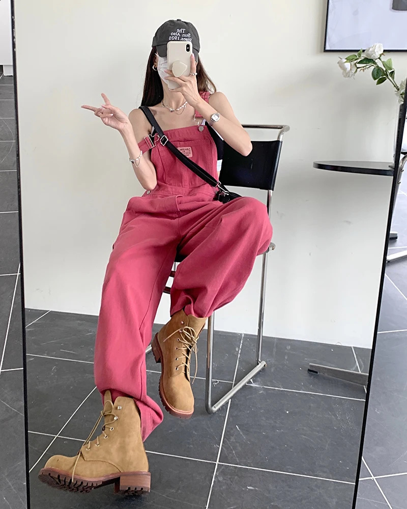 SM jeans Summer Preppy Style loose Girls Pink wide leg trousers jumpsuit korean casual denim overalls 78891 250730 - view 6