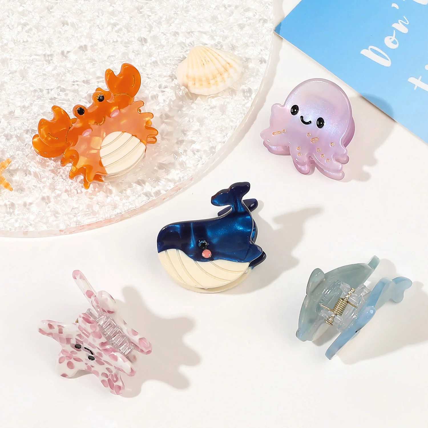 Small Delicate Cute Childs Acetate Hair Clips Cartoon Whale Seahorse Crab Starfish Hairpins Side Bangs Girls Hair Accessories R250730