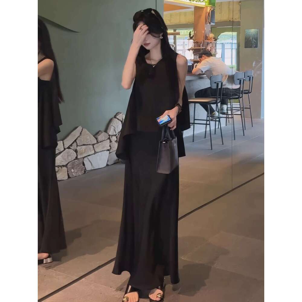 Summer Outfit Set for Women Plus Size Black Sleeveless Top and Skirt Hepburn Style Age-Reducing Super Popular Dress