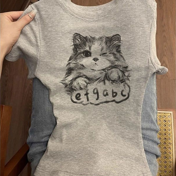 2025 summer new retro gray slim fit round neck shoulder slim fit basic shirt, spicy girl designer T-shirt, designer short sleeved women's T-shirt