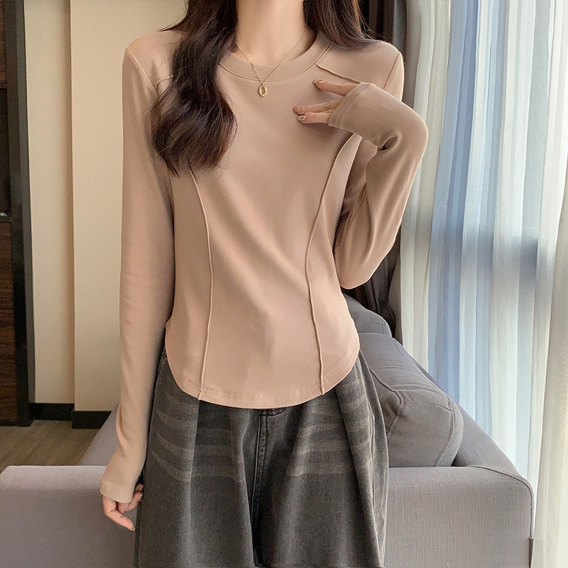 white long-sleeved shirts for women in autumn and winter slim design with fleece and brushed texture T-shirt new arrival