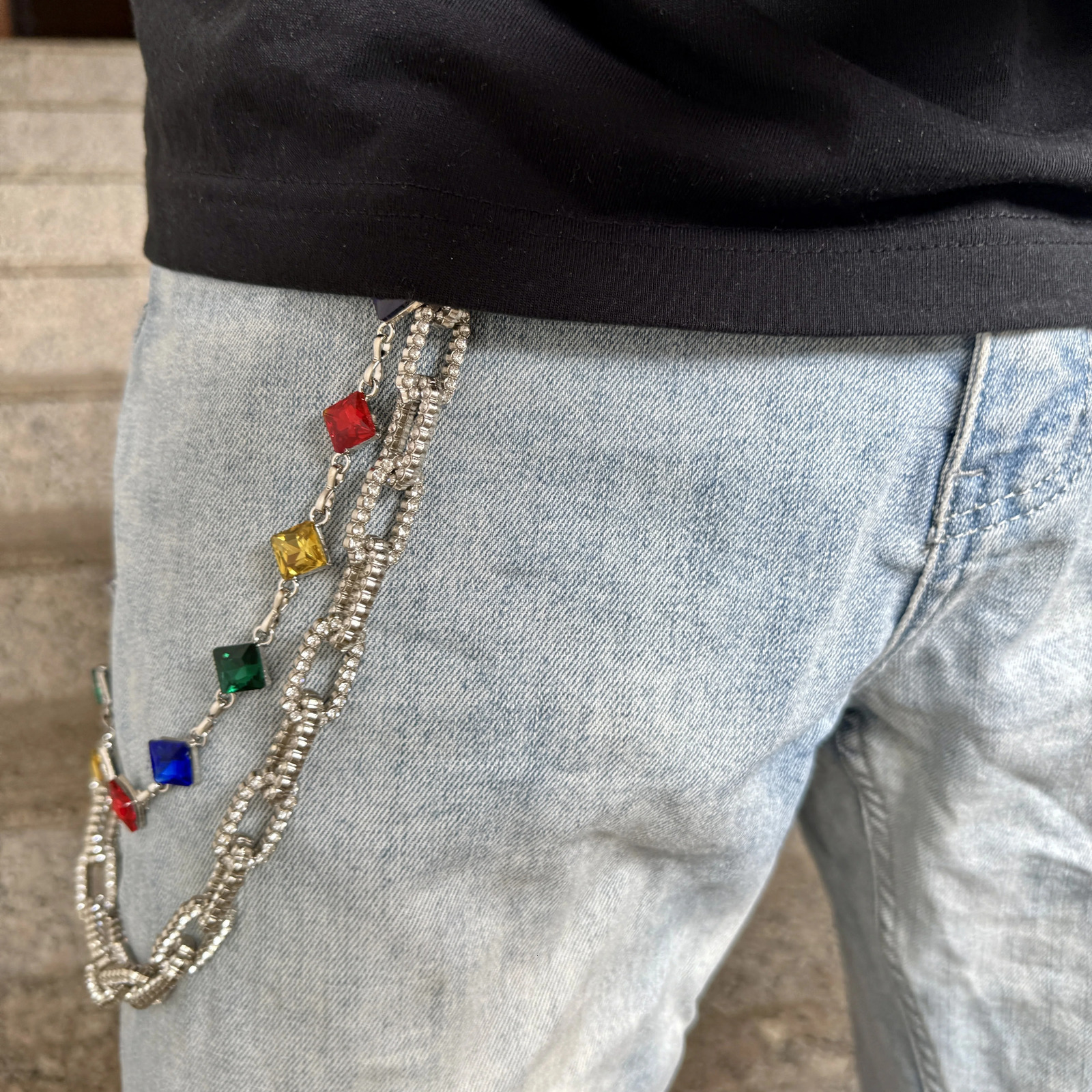 punk style pants with double-layer metal chain and colorful bead fashionable mens and womens waist decoration 250730