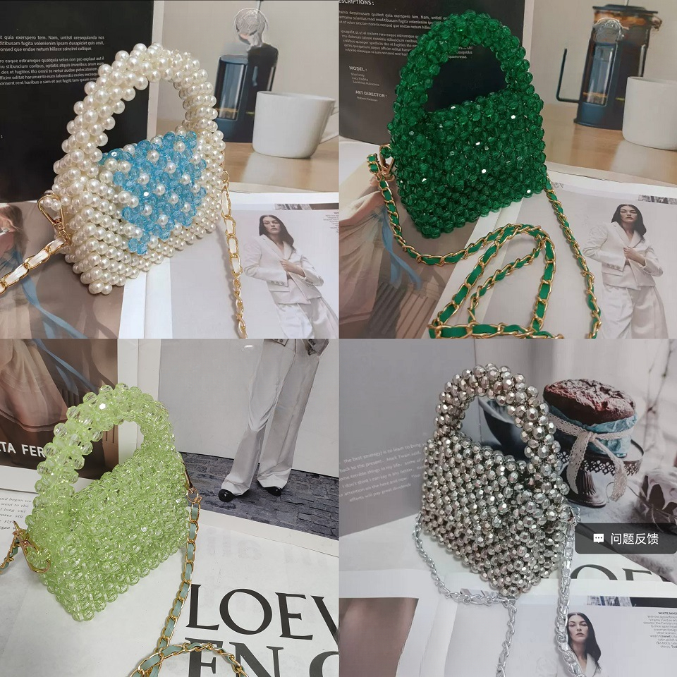 Elegant Handcrafted Crystal Bead Square Bag with Clear Design - Portable Messengers & Metallic Chains