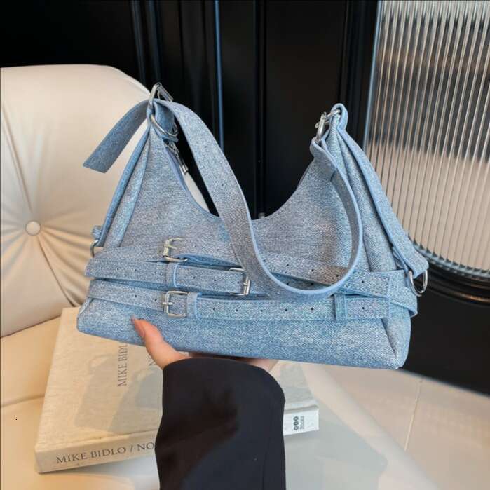 Light blue denim single shoulder crossbody bag with fashionable buckle strap design, versatile handbag, casual women's bag for daily outings