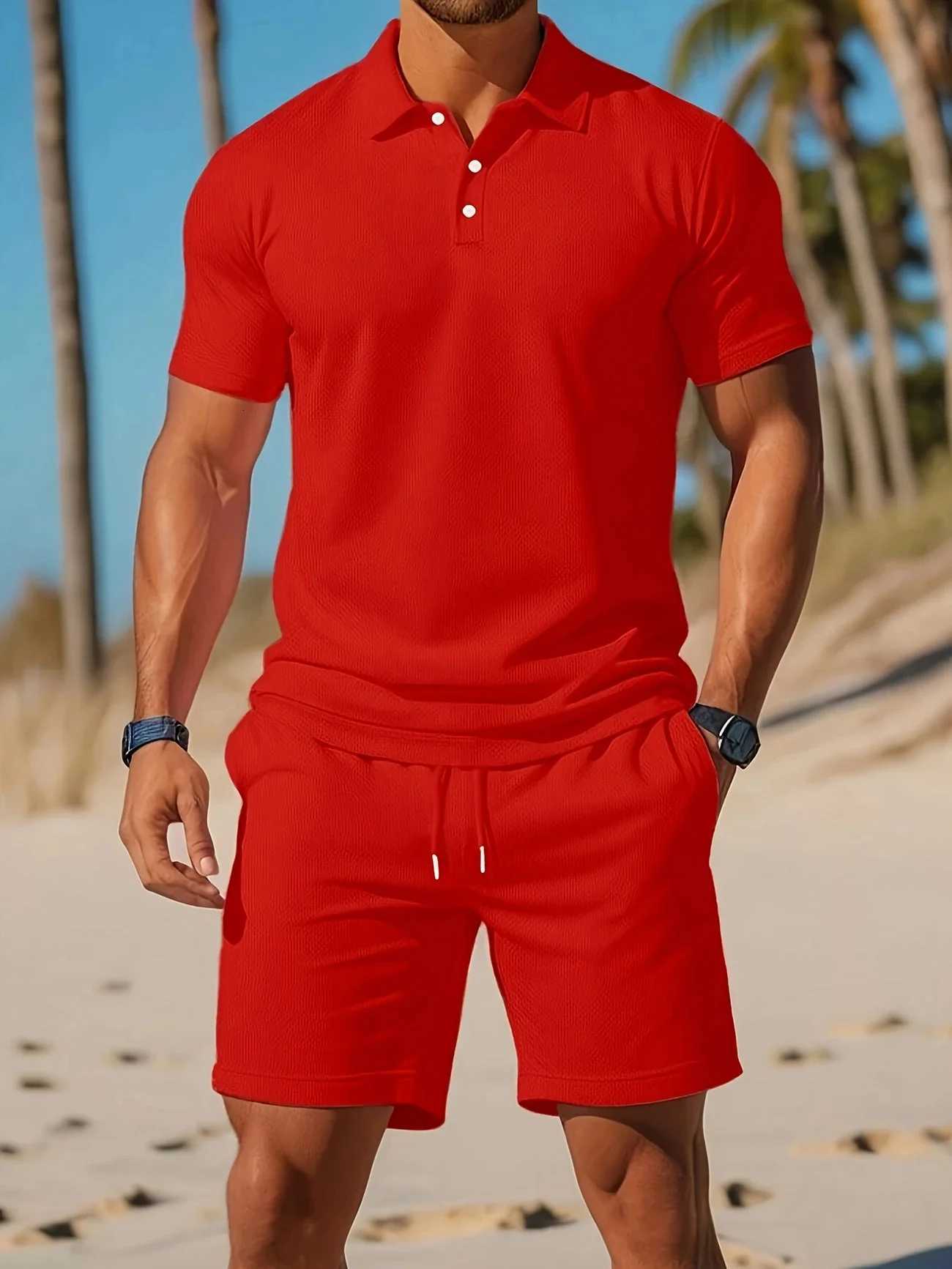 New Mens Business Casual Beach Sports Two-piece Set Drawstring Elastic Waist Sports Shorts Set Button Access Control Lapel Tops XJ250731