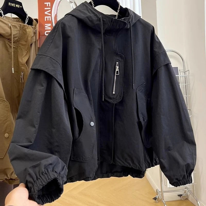 High-end n Niche Unique Hooded Casual Top Loose Workwear Jacket Womens Spring Autumn Short Windbreaker Trendy Jacket Chic 250728