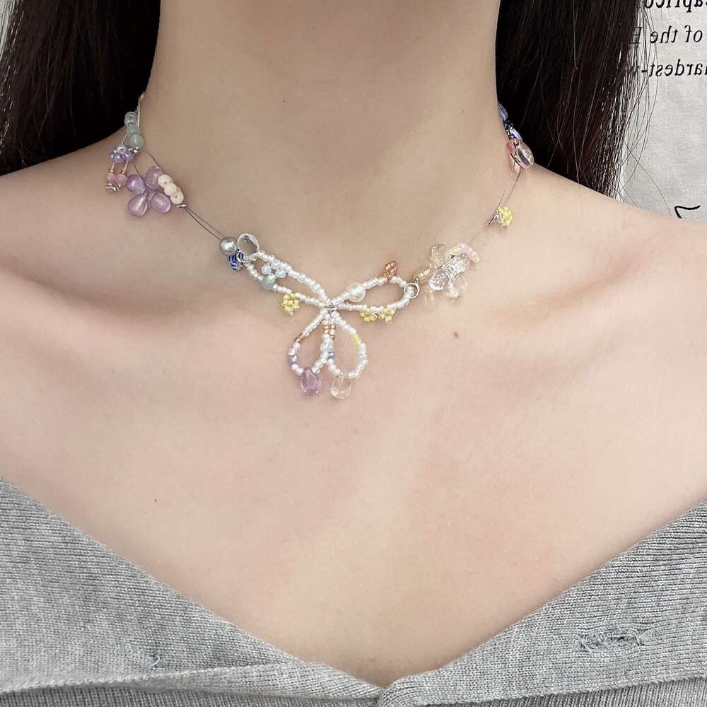 Girlish Summer Colorful Crystal Beaded Flower Bow Ballet Style Women's Collarbone Chain Necklace Niche Versatile aaa