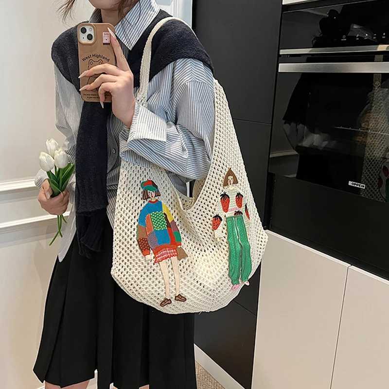 Korean Womens Woven One-shoulder Underarm Bag Large Capacity Commuter Beach Bag 2025 New Fashion Hand-held Net Bag Womens Bag Y250730