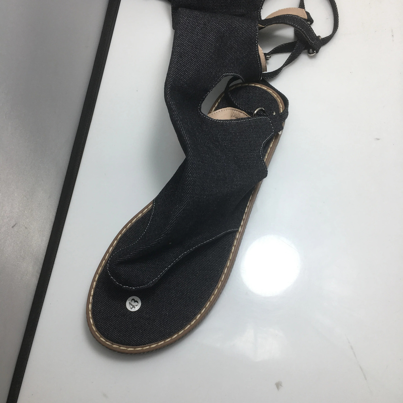 ANOVISHANA Women Gladiator shoes Denim jeans summer boots Low heels Over the knee high boots lady blue shoes Clip toe size 43 250729