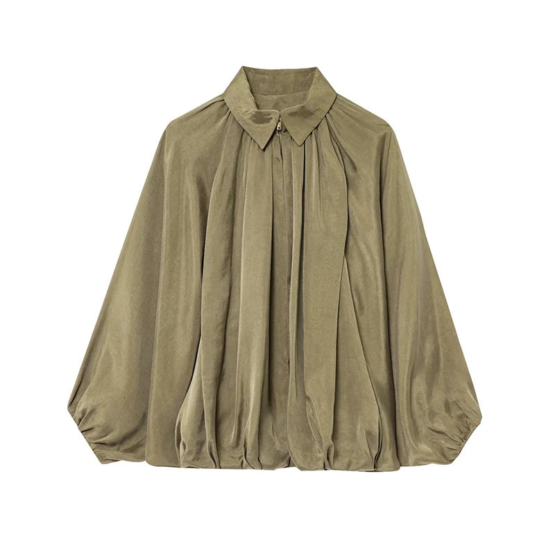 YENKYE Elegant Pleated Green Oversize Bomber Jacket Women Batwing Sleeve Lapel Collar Spring Coat Street Lady Top w250729