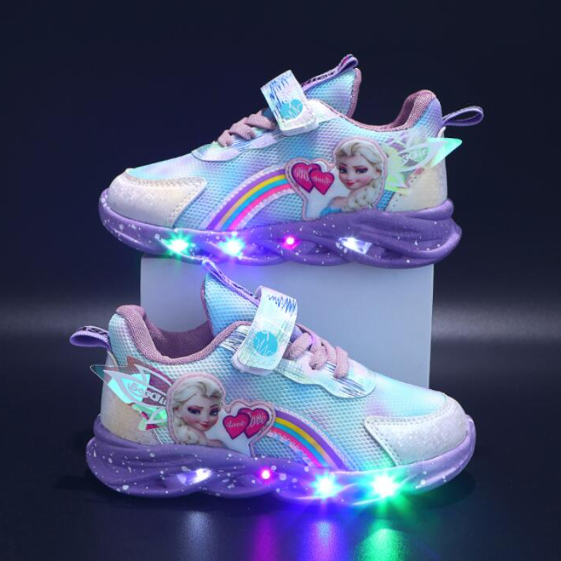 Cartoon LED casual sports shoes pink purple girls ice and snow Elsa princess printed outdoor shoes children's lightweight anti slip shoes