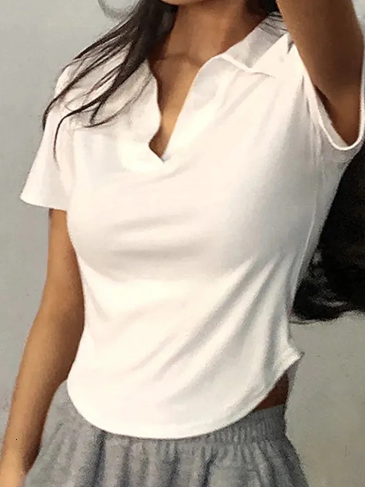 Summer Short Sleeve Lapel Top WomenS Solid VNeck Pullovers Retro Sweet Shirts Girl Crop Top Female Slim Versatile Tee 250724