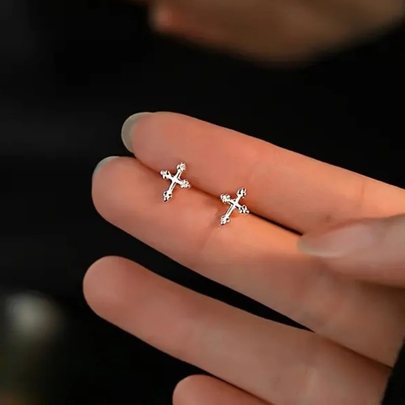 Huitan Dainty Cross Stud Earrings for Women 925 Sterling Silver Glossy Versatile Ear Accessories Delicate Daily Party Jewelry 250729