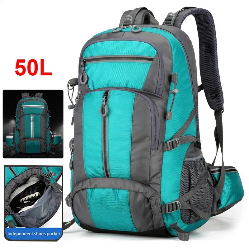 50L Nylon Backpack Camping Bag Outdoor Sport Hiking Trekking Climbing Travel Shoulder Reflective Shoes Luggage Men 250729