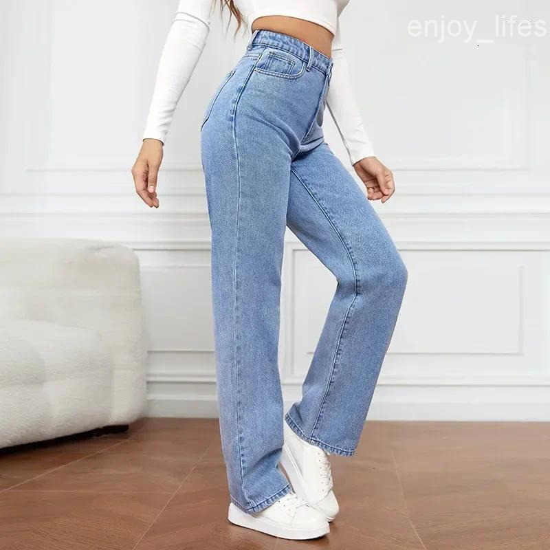 Womens Jeans Denim Women Straight Pants Washing High Waist Loose Pockets Basics Ankle Length Y2k Blue Streetwear Slight Strech