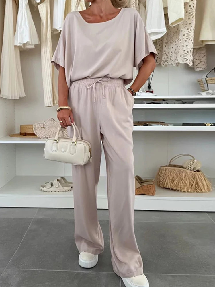 Fashion Oneck Pullover with Long Pants Suit Women Casual Short Sleeve Loose Two Piece Set Elegant TieUp Solid Outfits w250729