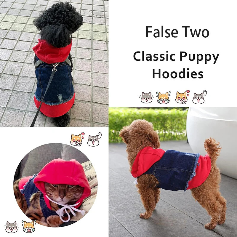 Pet Clothes Dog Jeans Jacket Layered Drawstring Hood Denim Jacket False Two Coat Clothing for Small Medium Dogs Cats Red/Black 250729