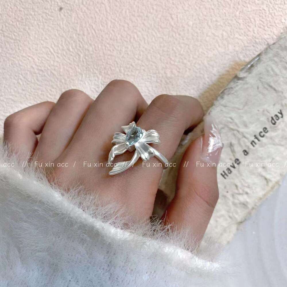 Light Blue Fashion Bowknot for Women Gentle Exquisite Versatile Open Ring Niche High-end Design Jewelry cc1