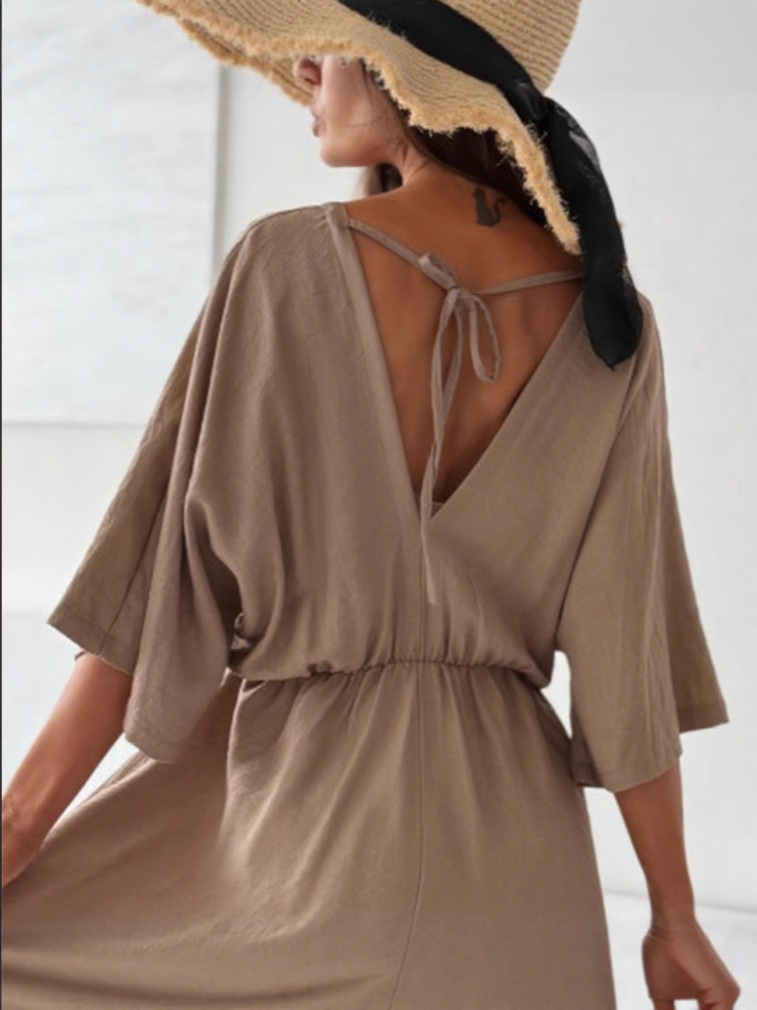 F730Summer V-neck fashionable casual waist solid color dress for women