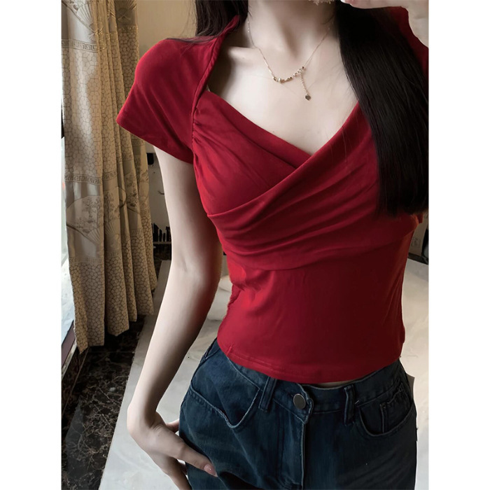 2025 red V-neck cross shoulder short sleeved women's T-shirt summer new slim fit waist unique spicy girl top new designer T-shirt