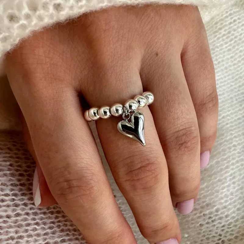 LATS Creative Handmade Beaded Bungee Cord Love Heart Pendant Rings for Women Girl Silver Color CCB Bead Adjustable Ring Jewelry y250730