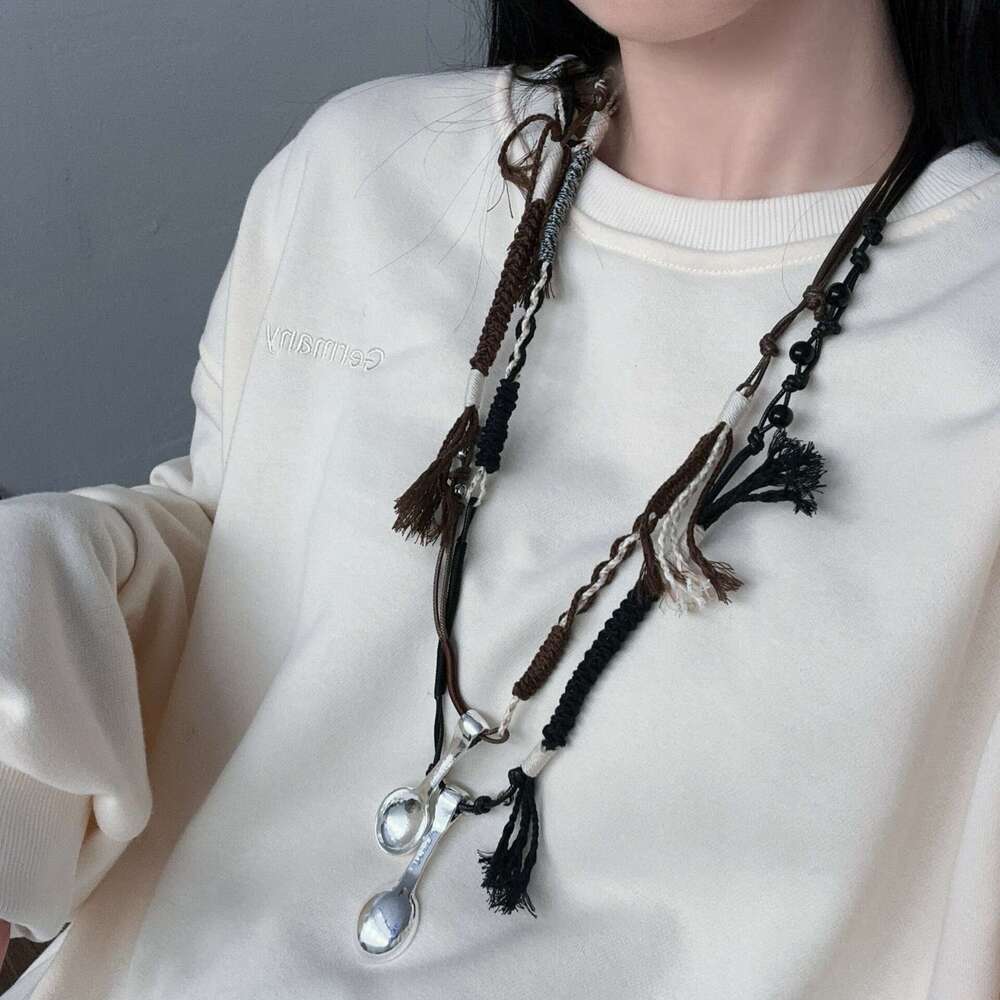 Wang Hedi Sier Spoon Necklace Unisex Braided Rope Sweater Chain Obvious Same Style Light Versatile dbd