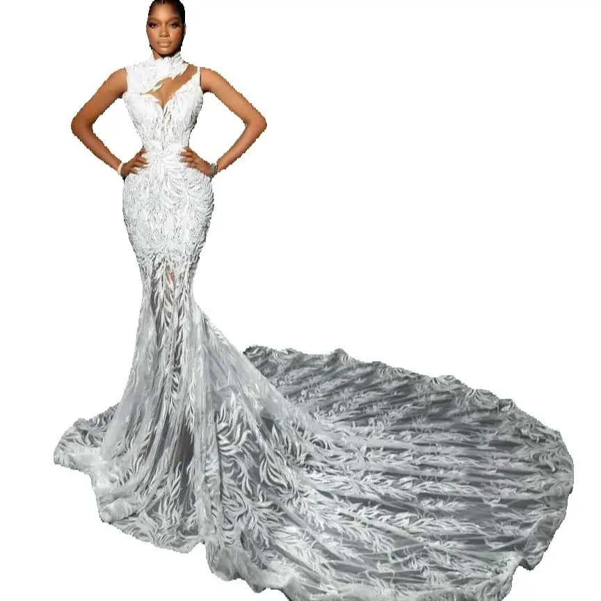 Luxurious High Neck Pearls Wedding Dresses Sleeveless Beading Lace Mermaid Bridal Gown Customized Sweep Train vestidos de novia