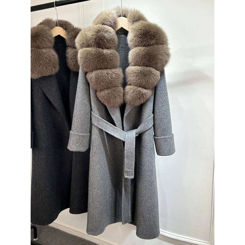 Designer Clothing Janveny Cashmere Double-Sided Woolen Women Removable Natural Fox Fur Jacket Autumn Winter Long Temperament Wool Coat Fashion