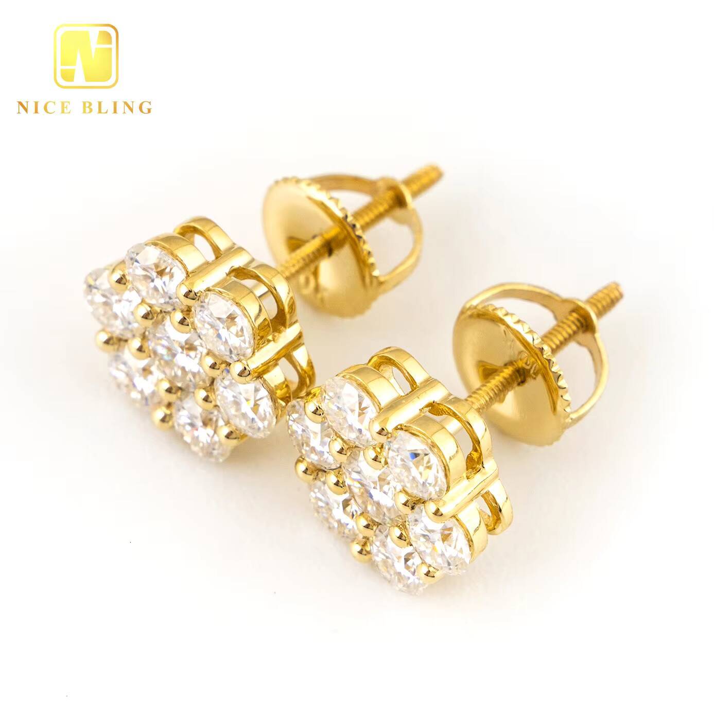 Ready to Ship Flower Shape 10K Solid Gold with Moissanite Diamond Vvs Mens Earrings Gold Stud Earrings