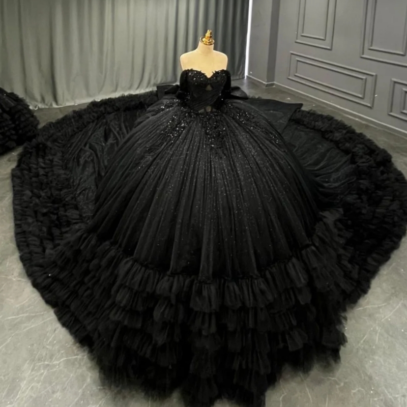 Black Shiny Quinceanera Dresses Off The Shoulder Applique Beading Bow Tiered Tull Ball Gown Vestidos De 15 Anos Sweet 16 Dress