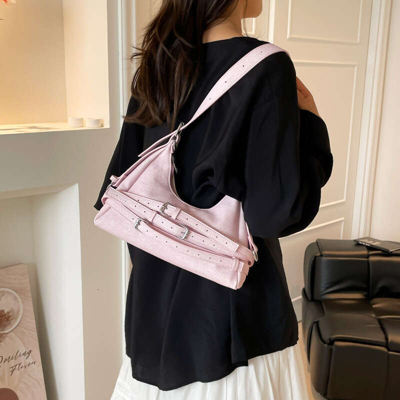 Light blue denim single shoulder crossbody bag with fashionable buckle strap design, versatile handbag, casual women's bag for daily outings