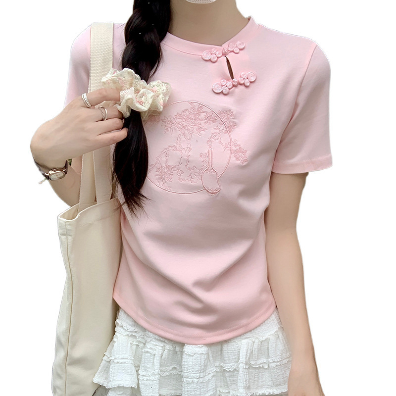 2025 Chinese embroidery short sleeved women's S T-shirt summer new design sense niche ethnic style button slim fit short top new designer T-shirt