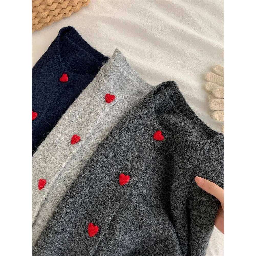 Designer Clothing 2025 Deep Grey Wool Knitted Cardigan For Women In Autumn Winter, Soft And Sticky, Warm, Love Buckle Shoulder Sleeves