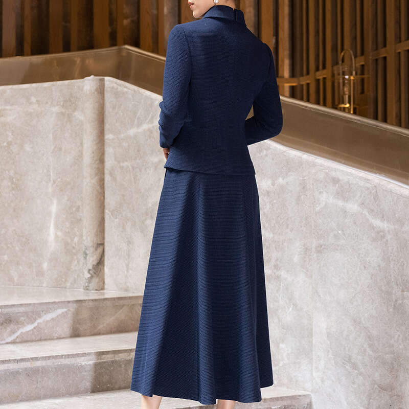 Blue Tweed Chanel Style Suit Dress Spring Autumn 2024 New Fashion Elegant Slim Fit Long Sleeve Two-Piece Set