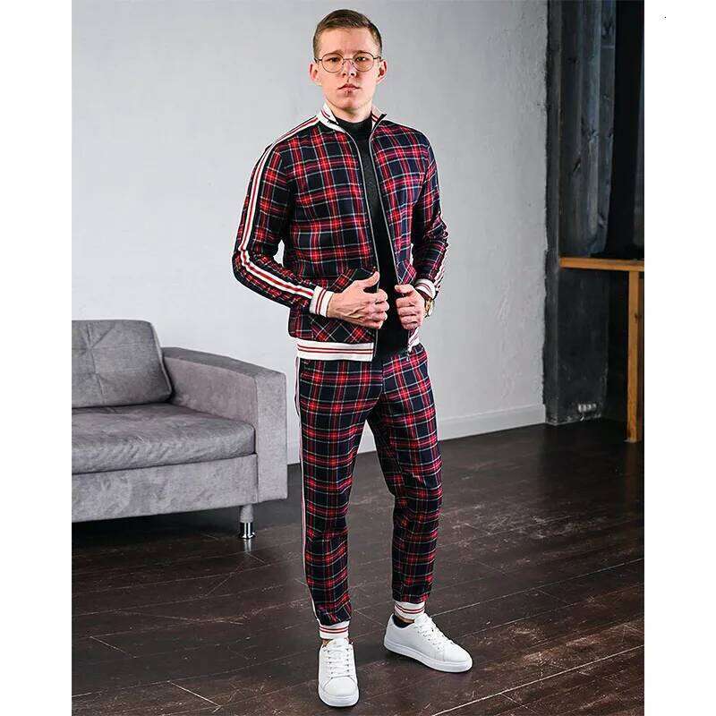Mens Tracksuits Colorful Plaid Casual Zipper Hoodie 3D Print Set New Autumn Male Sweatshirt Clothes For Men